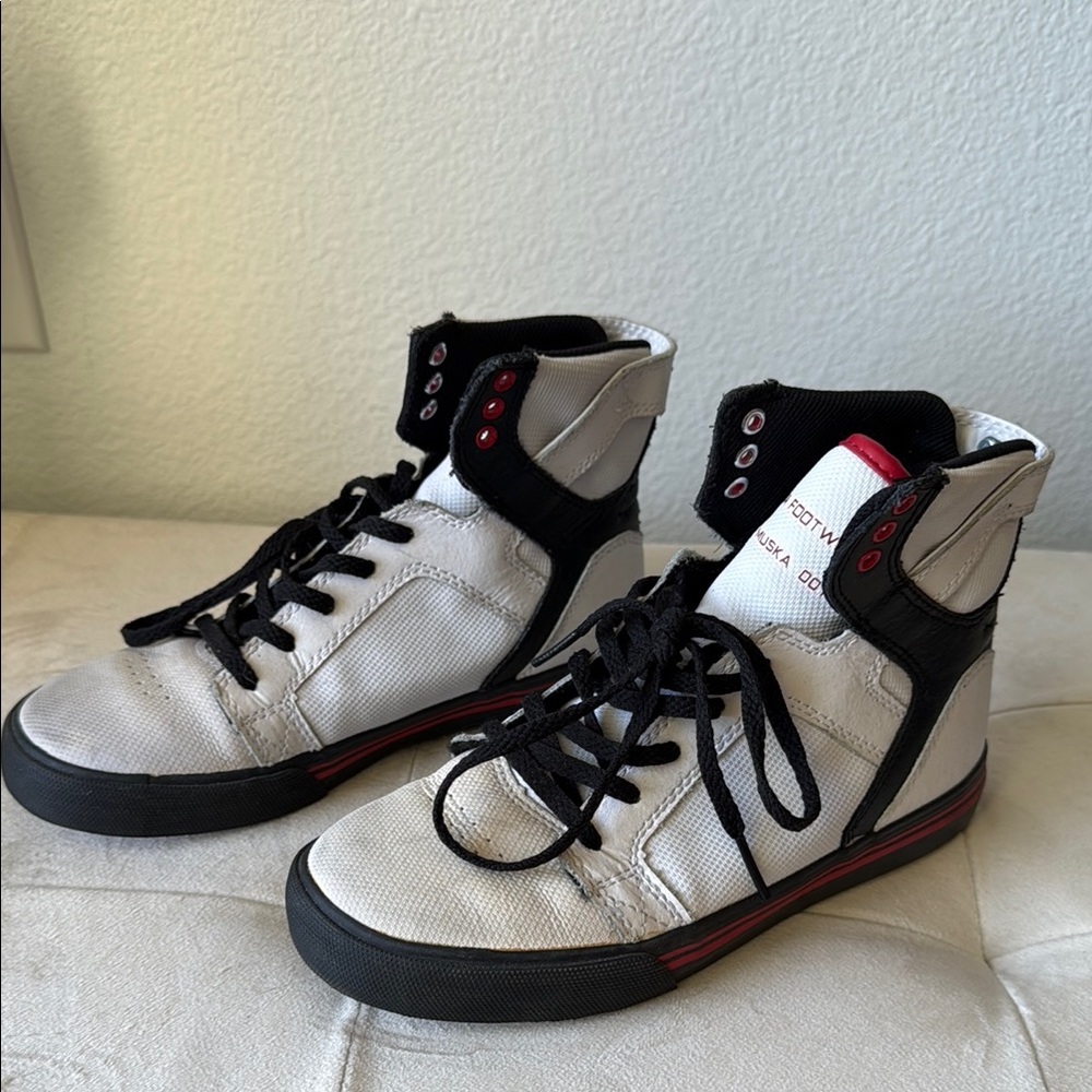 Supra Black and White High-Top Sneakers with Red Accents